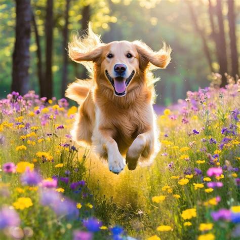 Happy golden retriever running through a vibrant spring meadow filled with wildflowers.