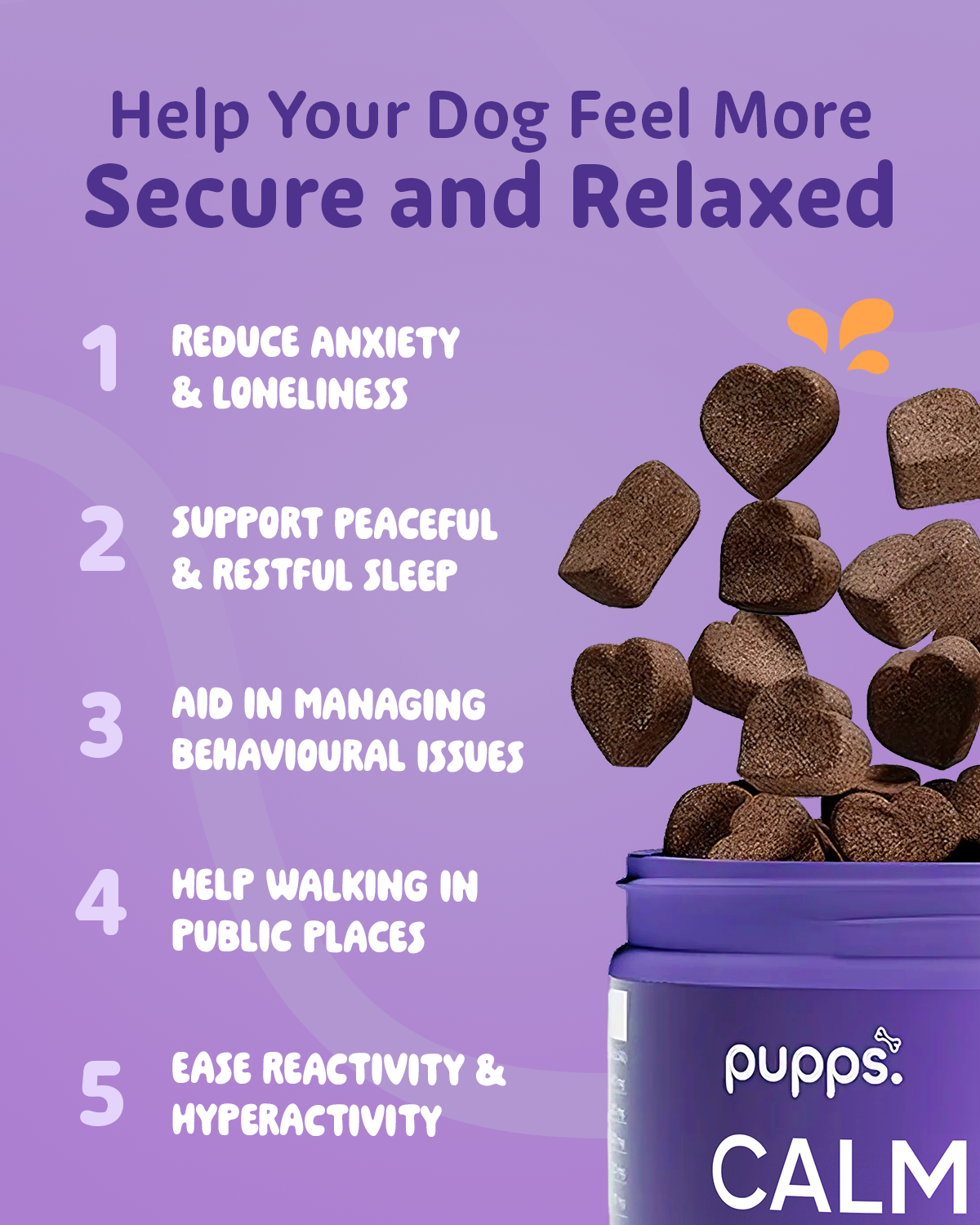 Calming Treats for dogs shown in purple container with benefits list including anxiety reduction and better sleep
