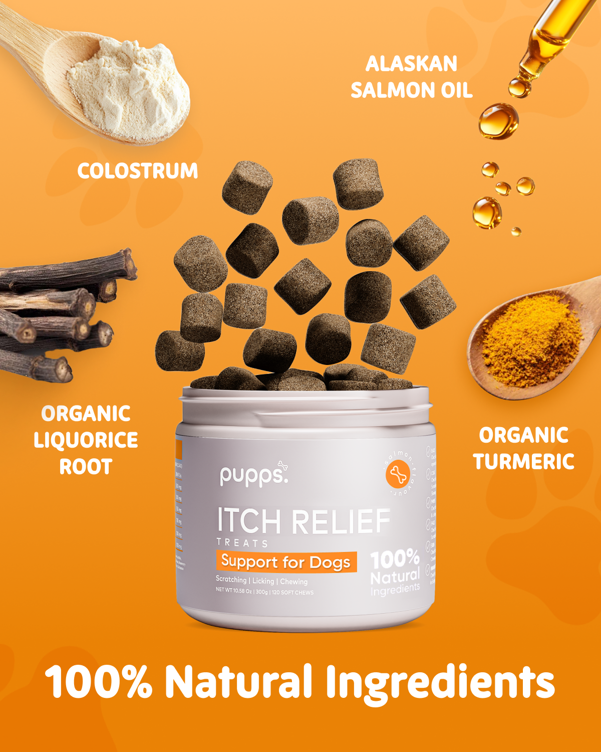 Itch Relief Treats jar with natural ingredients including salmon oil, turmeric, licorice root and colostrum on orange background