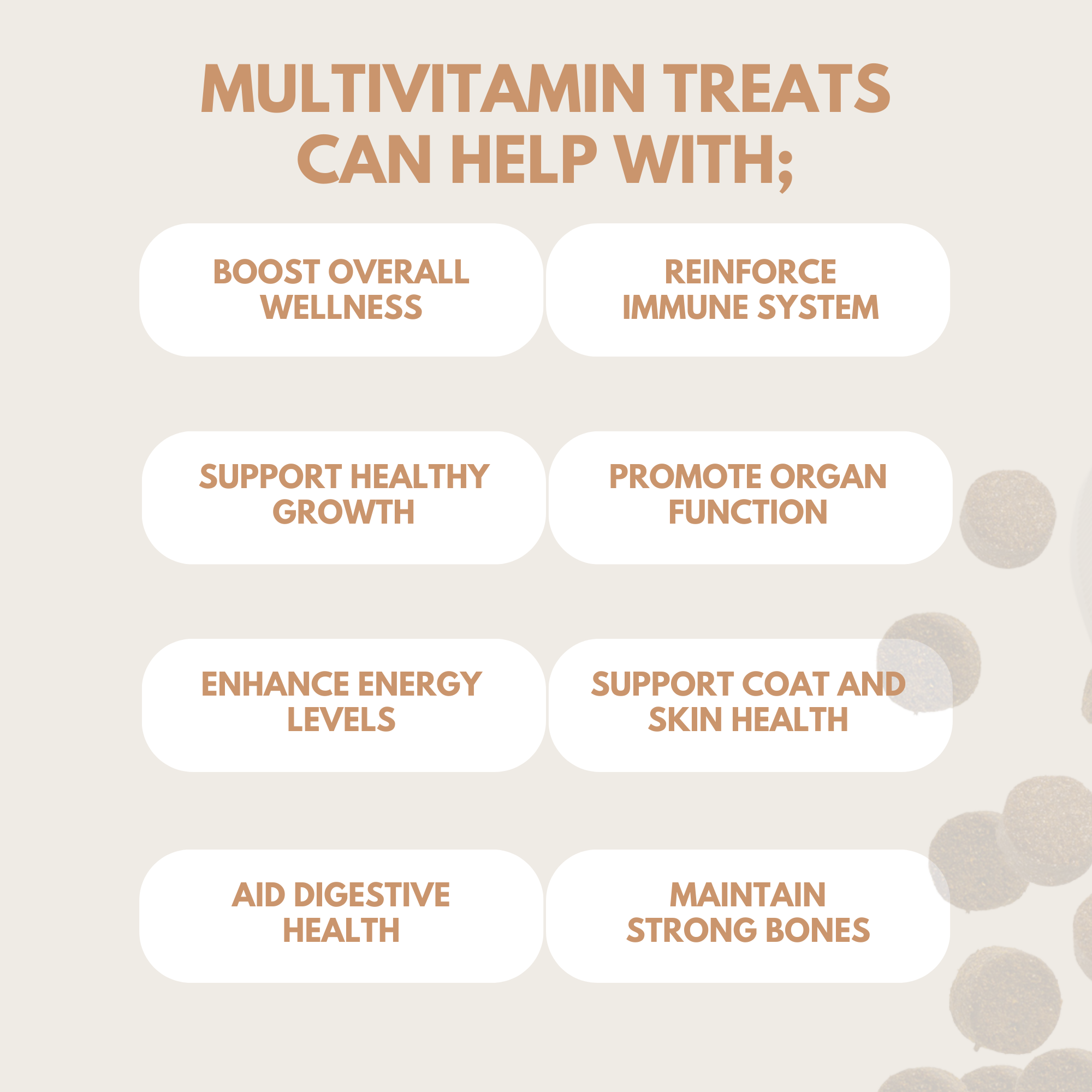 Multivitamin treats health benefits infographic showing 8 key advantages including immune system and wellness support for dogs