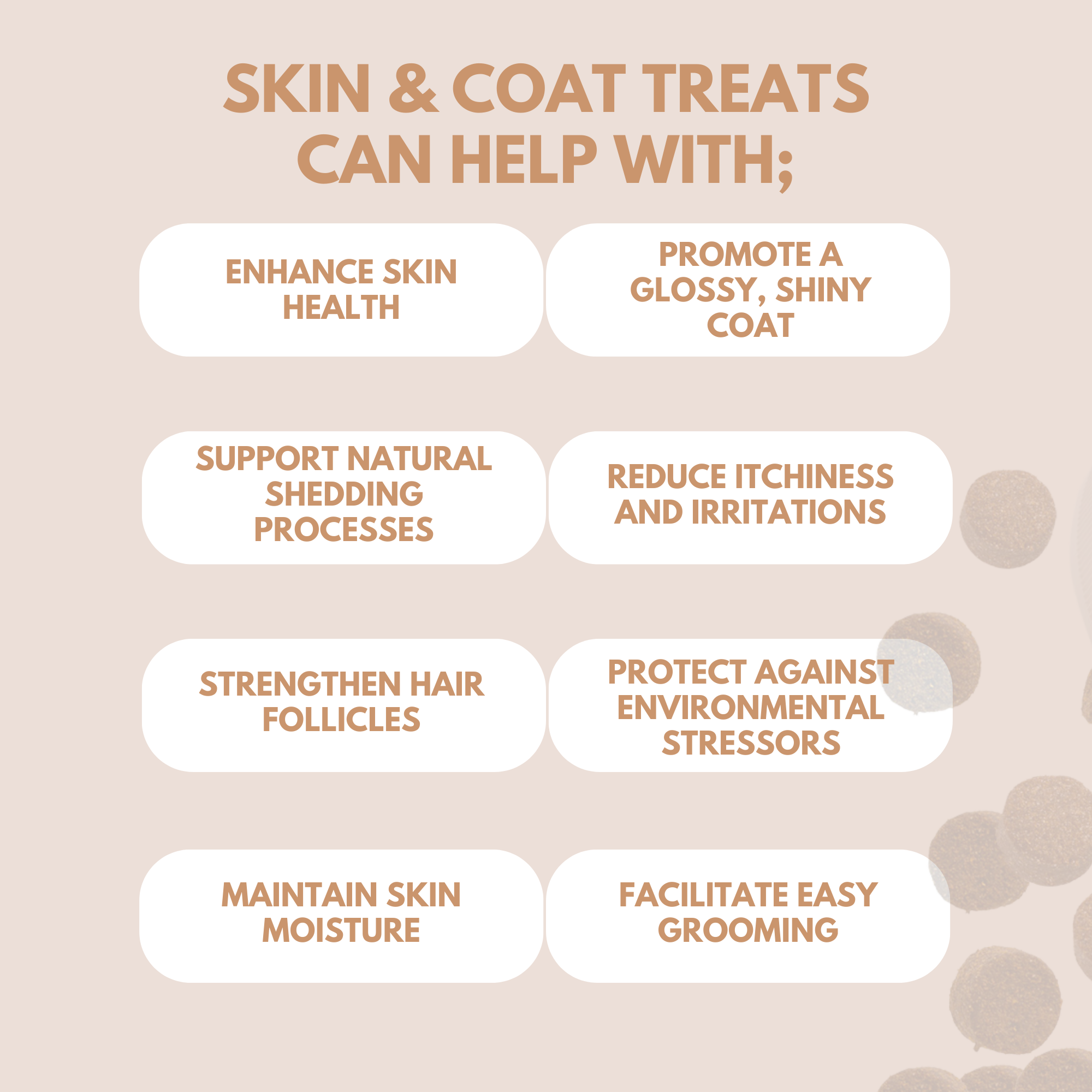 Skin & Coat Treats benefits infographic showing 8 health advantages including coat shine and skin moisture support