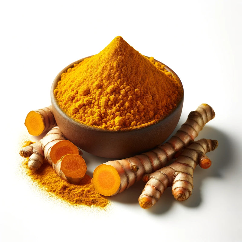DALL·E 2024-02-04 20.26.44 - Image 1_ A vibrant, high-resolution image of organic turmeric powder. The turmeric should be a rich, golden-yellow color, showcasing its natural textu.webp