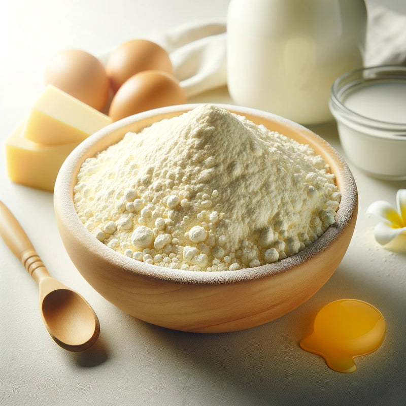 DALL·E 2024-02-04 20.26.47 - Image 3_ A visually striking, high-resolution image of colostrum powder, showcasing its creamy, pale-yellow color. The colostrum should appear fresh a.webp