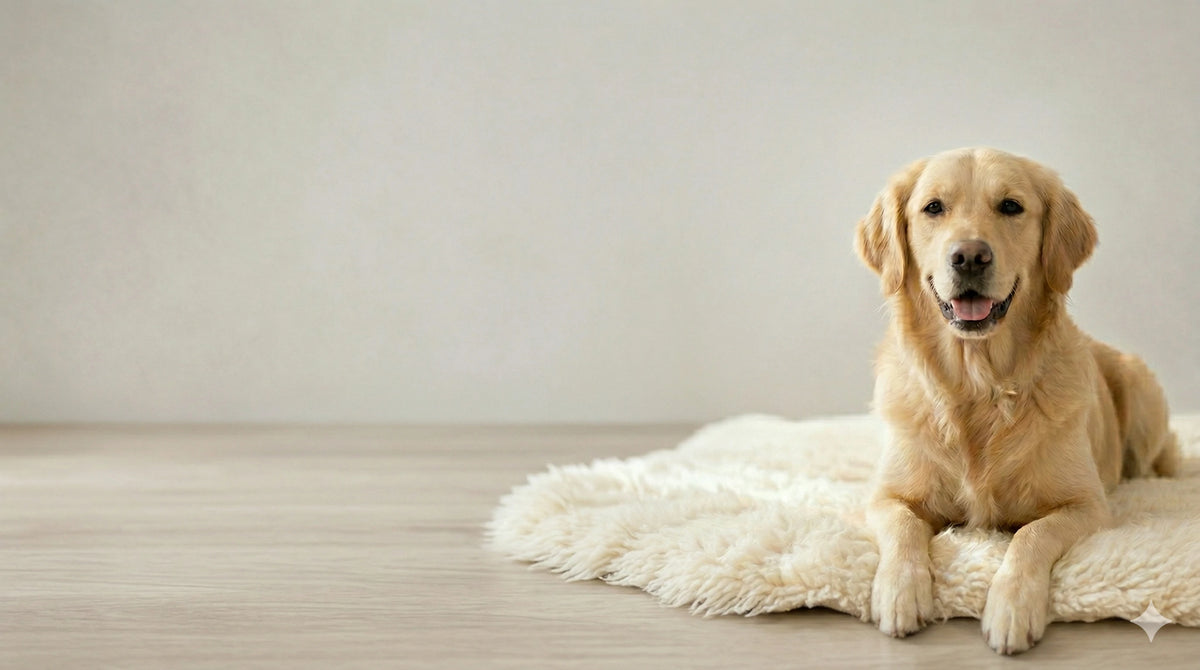 Golden retriever relaxing on a cream rug