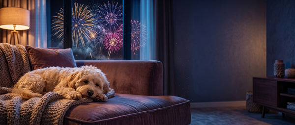 Dog resting on a sofa while fireworks go off outside