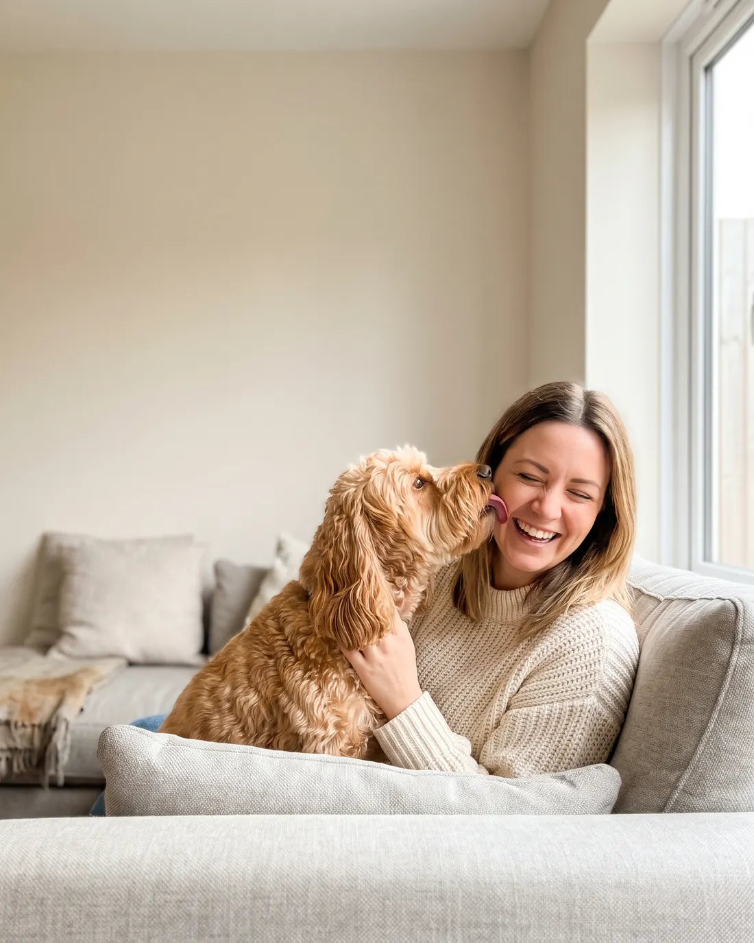 Cockapoo licking its owner's face on a sofa
